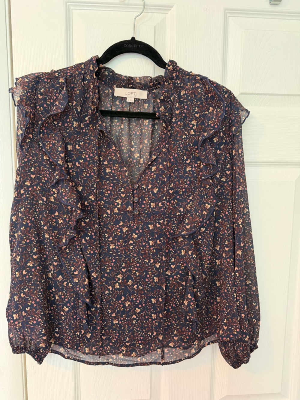 LOFT Navy Floral Ruffle V-Neck Blouse with Pink and Cream Accents
